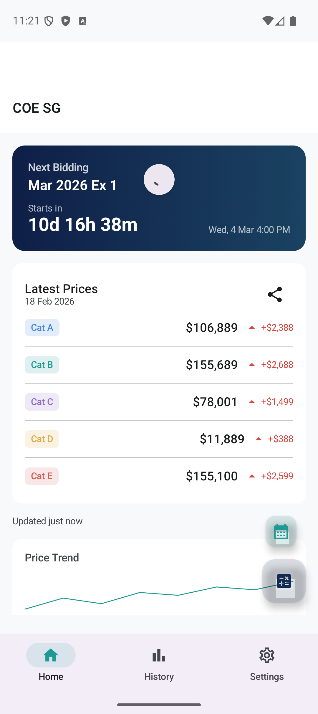 COE Price Tracker - Home screen showing latest COE bidding prices for all categories