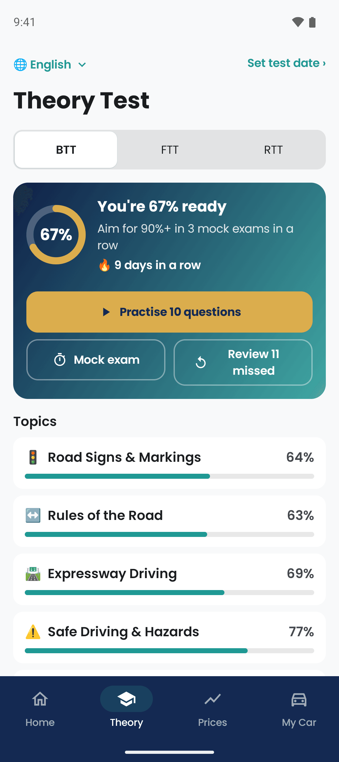 Theory Test - BTT, FTT and RTT readiness